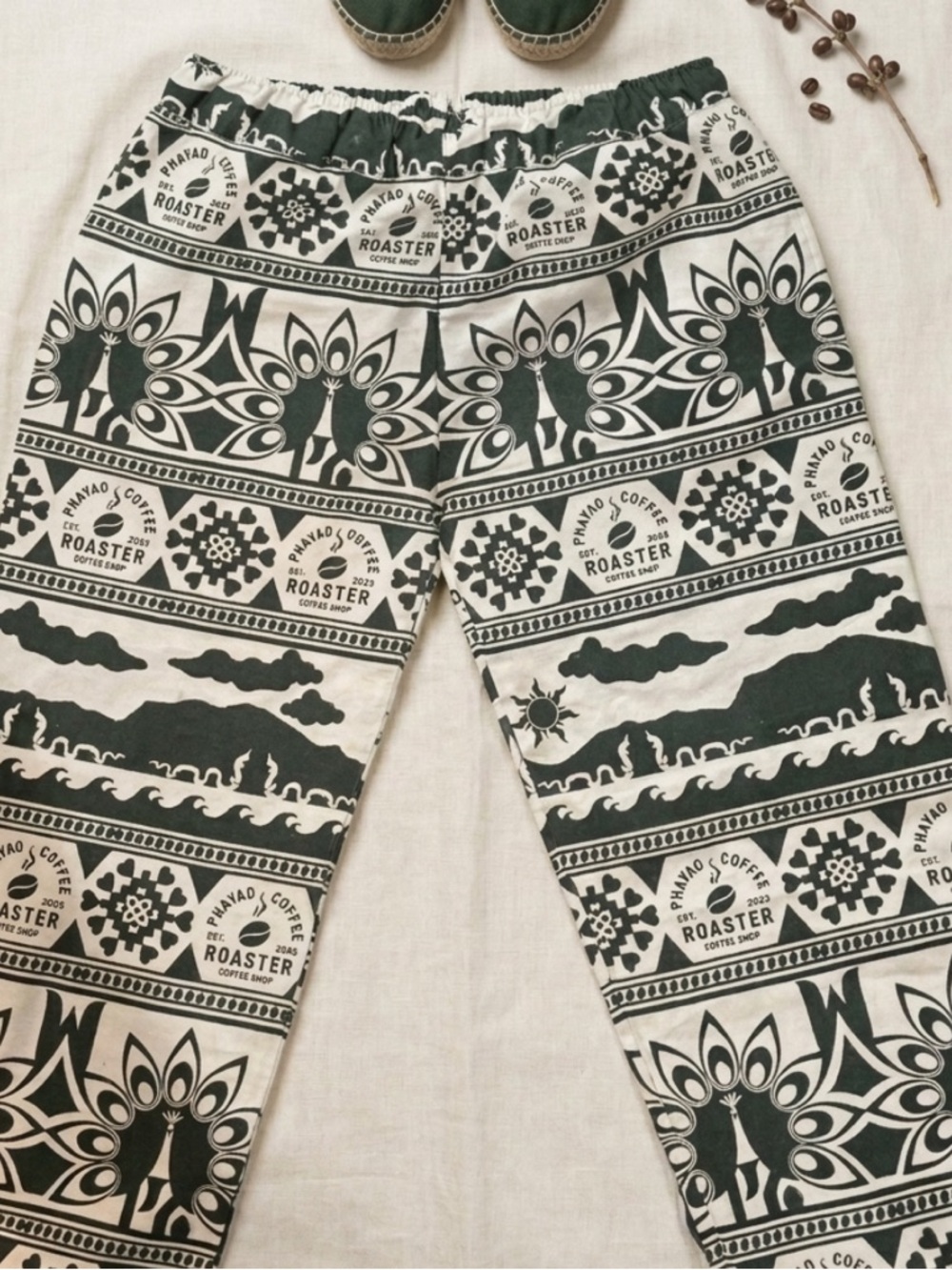 Vintage Wide Leg Cotton Earthy Dark Green and White Patterned Boho Coffee Pants